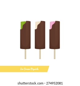 Set of ice cream popsicle dipped in chocolate on a white background