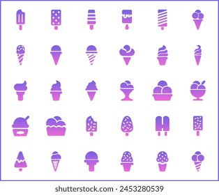Set of Ice cream and popsicle Icons line style. Contains such Icons as dessert, cone, waffle, vanilla, yammy, soft, stick, scoop And Other Elements.