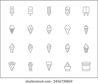 Set of Ice cream and popsicle Icons line style. Contains such Icons as dessert, cone, waffle, vanilla, yammy, soft, stick, scoop And Other Elements.