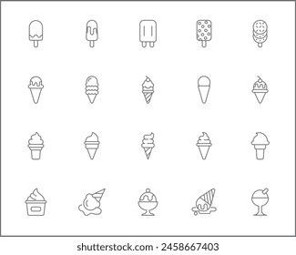 Set of Ice cream and popsicle Icons line style. Contains such Icons as dessert, cone, waffle, vanilla, yammy, soft, stick, scoop And Other Elements.