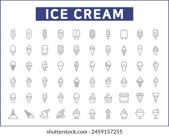 Set of Ice cream and popsicle Icons line style. Contains such Icons as dessert, cone, waffle, vanilla, yammy, soft, stick, scoop And Other Elements.
