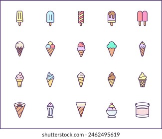 Set of Ice cream and popsicle Icons line style. Contains such Icons as dessert, cone, waffle, vanilla, yammy, soft, stick, scoop And Other Elements.
