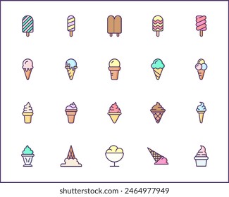 Set of Ice cream and popsicle Icons line style. Contains such Icons as dessert, cone, waffle, vanilla, yammy, soft, stick, scoop And Other Elements.