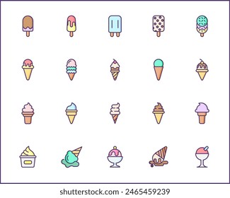 Set of Ice cream and popsicle Icons line style. Contains such Icons as dessert, cone, waffle, vanilla, yammy, soft, stick, scoop And Other Elements.