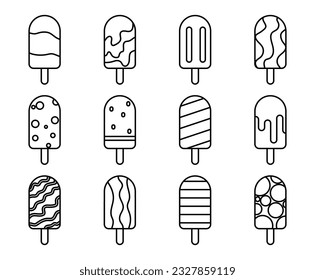 Set of ice cream of Popsicle stick outline icon, flat design