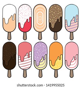 Set of Ice cream, popsicles, different flavours, vector illustration.