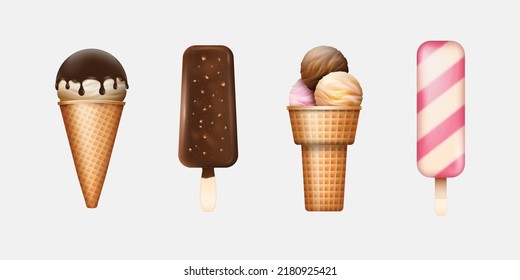 Set of ice cream popsicles and wafer cones with scoops. Realistic icecream, eskimo sundae, fruit gelato in waffle or on stick. Summer cold dessert collection. 3d vector illustration