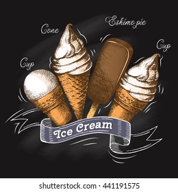 Set of ice cream. A poster on a black background, an imitation of the hatch and  inscriptions on the blackboard chalk. Sketch. Summer season. Illustration painted in graphic style.