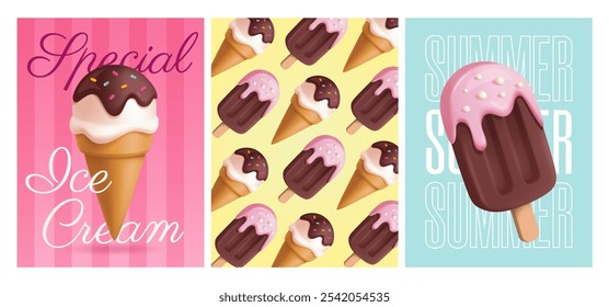 Conjunto de carteles de helado. Anuncio en redes sociales con postres dulces, paletas en conos de gofre y helado con diferentes sabores. Colección realista de la Ilustración vectorial 3D aislada en el fondo blanco