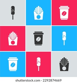Set Ice cream, Potatoes french fries in box and Coffee cup go icon. Vector