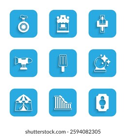 Set Ice cream, Roller coaster, Circus ticket, Magic ball, tent, Swing plane, Attraction carousel and Unicycle or one wheel bicycle icon. Vector