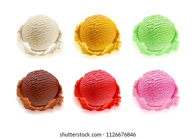 Set of ice cream scoops of different colors and flavours with berries, nuts and fruits decoration isolated on white background vector art