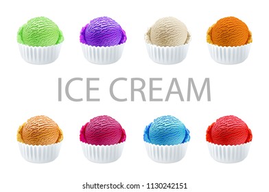 Set of ice cream scoops of different colors and flavours isolated in white cups on white background vector art