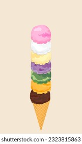 Set of ice cream scoops of different flavors in waffle cones isolated on white background.