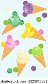 Set of ice cream scoops of different flavors in waffle cones isolated on white background.