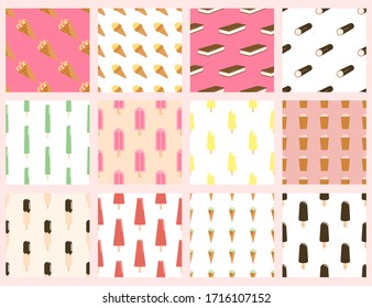 Conjunto de helados sin fisuras. Colecciones de paletas, Yogur congelado, helado en vidrios de chocolate sobre un palo de madera, esquimal y papel pintado de sabor a hielo de frutas. Ilustración vectorial de diseño plano
