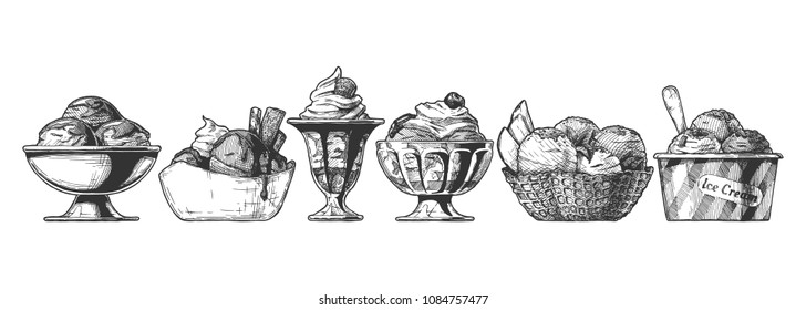 Set of Ice Cream served in different bowl: steel, ceramic, glass, waffle and paper bowls. Vector hand drawn illustration in vintage engraved style. Isolated on white background.  - Shutterstock ID 1084757477
