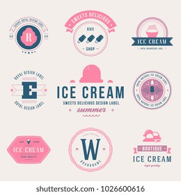 Set of ice cream shop labels, logotypes and design elements. Vintage collection of different ice cream elements. Cold desserts and ice cream objects. Vector elements for design. Ice cream silhouettes.