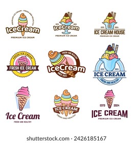 Conjunto de insignias y etiquetas de logotipo de heladería, letreros de gelateria. logotipos para cafetería o bar.