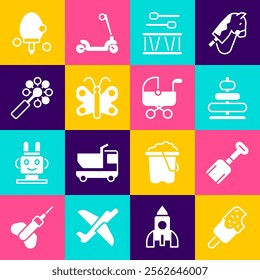 Set Ice cream, Shovel toy, Pyramid, Drum with drum sticks, Butterfly, Rattle baby, Racket and Baby stroller icon. Vector