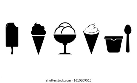 Set of ice cream silhouette, flat icon black on white background.