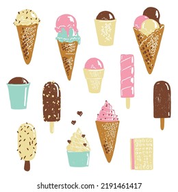 The set of ice cream sketch vector illustrations. Isolated elements.