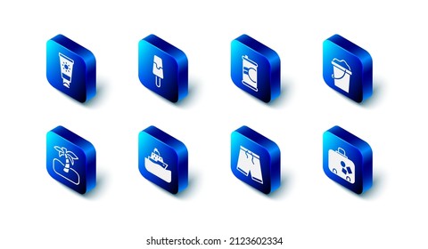 Set Ice cream, Soda can, Sand in bucket, Suitcase, Swimming trunks, Cruise ship, Tropical palm tree and Sunscreen tube icon. Vector