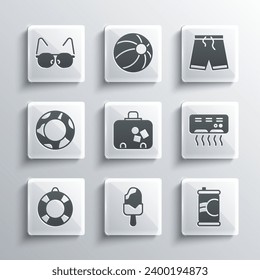 Set Ice cream, Soda can, Air conditioner, Suitcase, Lifebuoy, Rubber swimming ring, Glasses and Swimming trunks icon. Vector