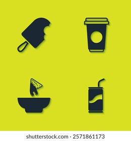 Set Ice cream, Soda can with drinking straw, Nachos plate and Coffee cup icon. Vector