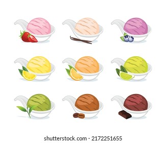 Set of ice cream in spoon isolated on white background.