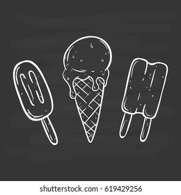 set of ice cream with stick and cone using doodle art on chalkboard background