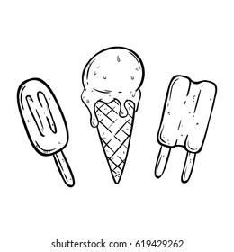 set of ice cream with stick and cone using doodle art