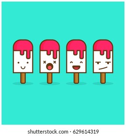 Set of Ice Cream Stick Line Icons Smiling Laughing Dead and Upset