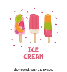 Set of ice cream with strawberries, kiwi, orange. Illustration of ice cream in cartoon style on white background for menu, banner, flyer, poster. Vector