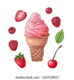 Set ice cream strawberry raspberry cherry. Hand drawing. Vector illustration