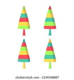 Set of ice cream striped popsicle icons isolated on white background. Colorful eskimo dessert flat sign. Cartoon style illustration for children clothes, pajamas, t-shirt textile design. 