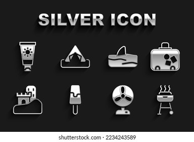 Set Ice cream, Suitcase, Barbecue grill, Electric fan, Sand castle, Shark fin in ocean wave, Sunscreen tube and Tourist tent icon. Vector