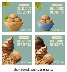 Set of ice cream, summer delicious desserts, square vector illustration. Wooden bowl, waffle cone and scoops. For a social media, poster, banner, magazine, bakery, restaurant menu, website