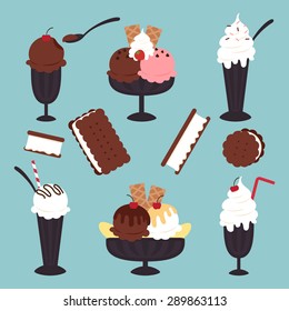 Set of ice cream sundaes and sandwiches.