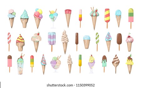 Set of ice cream. Sweet and tasty summer dessert. Strawberry, vanilla and chocolate scoops in cone. Isolated vector illustration