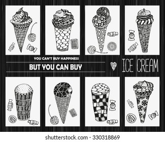Set of  Ice cream and sweets. Artistically drawn, stylized. Set of vector sketches. Sketch by trace. Zentangle patterns.
