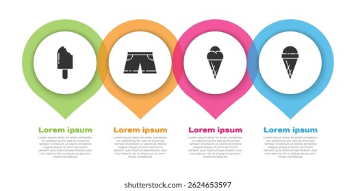 Set Ice cream, Swimming trunks, Ice cream in waffle cone and Ice cream in waffle cone. Business infographic template. Vector