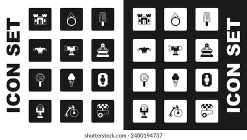 Set Ice cream, Swing plane, Jester hat with bells, Castle, Boat swing, Circus fire hoop, ticket and Lollipop icon. Vector