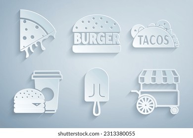 Set Ice cream, Taco with tortilla, Coffee and burger, Fast street food cart, Burger and Slice pizza icon. Vector