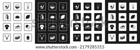Set Ice cream, Taco with tortilla, aper package for milk, Avocado fruit, Lemon, Donut, Cracker biscuit and Mushroom icon. Vector