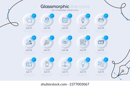 Juego de iconos de crema de hielo, destino y línea de pago para la aplicación web. Búsqueda de teléfono, gesto de pantalla táctil, iconos de Fastpass. Messenger, código Qr, signos de amigo. Estación, servicio de entrega, no buscando. Vector