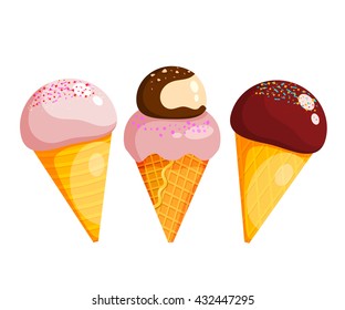 Set of ice cream. Three ice cream on a white background. Vector illustration of sweets. Stock 
vector