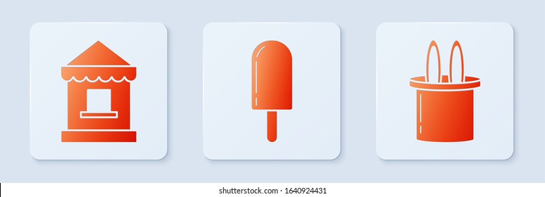 Set Ice cream, Ticket box office and Magician hat and rabbit ears. White square button. Vector