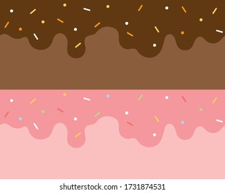 Set of ice cream toppings seamless upper border pattern. Including chocolate sauce and strawberry sauce with sprinkles. Flat vector illustration. 