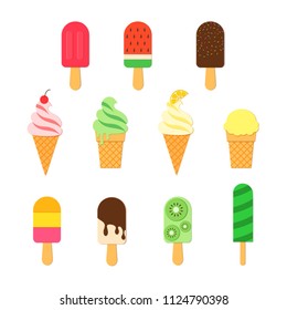 Set of Ice Cream in trandy paper cut style. Collection of tasty bright icecream stick and cones summer on white background for package design Vector card illustration in papercutting art style